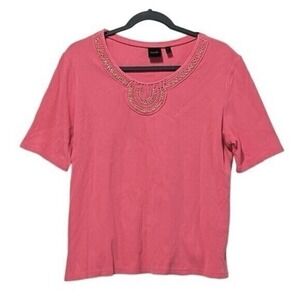 Rafaella Women's Large Pink Short Sleeve Embroidered Neckline Cotton T-Shirt Top